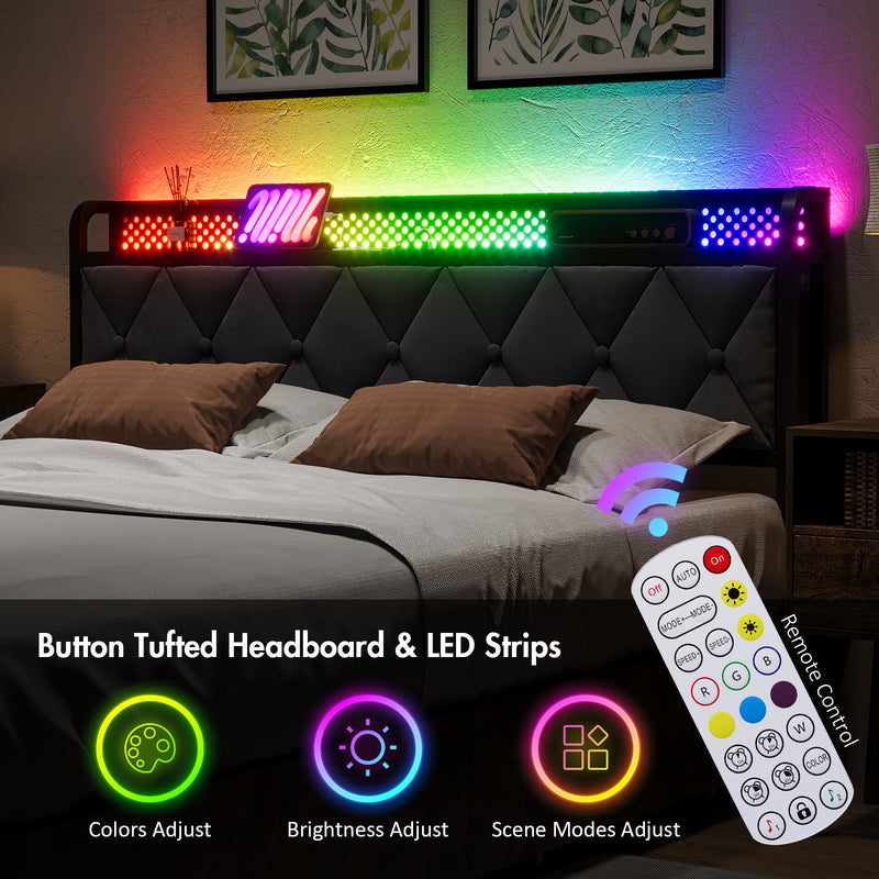 Advwin RGB LED Lights Bed Frame w/Charging Station