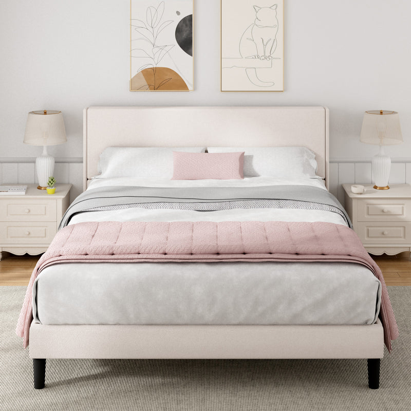 Advwin Bed Frame Mattress Base Upholstered Beige