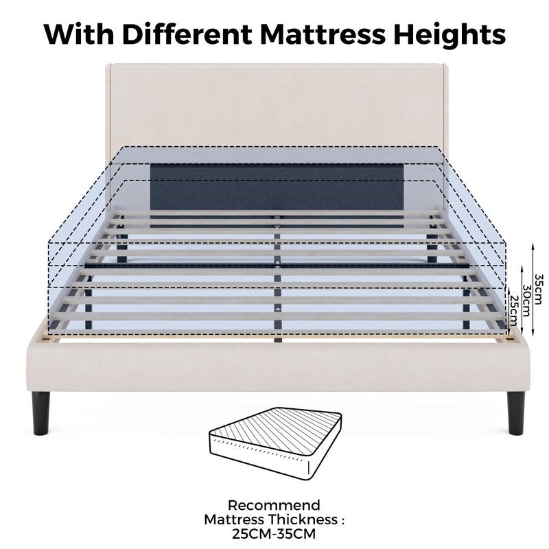 Bed frame with mattress shown at different heights on a white background
