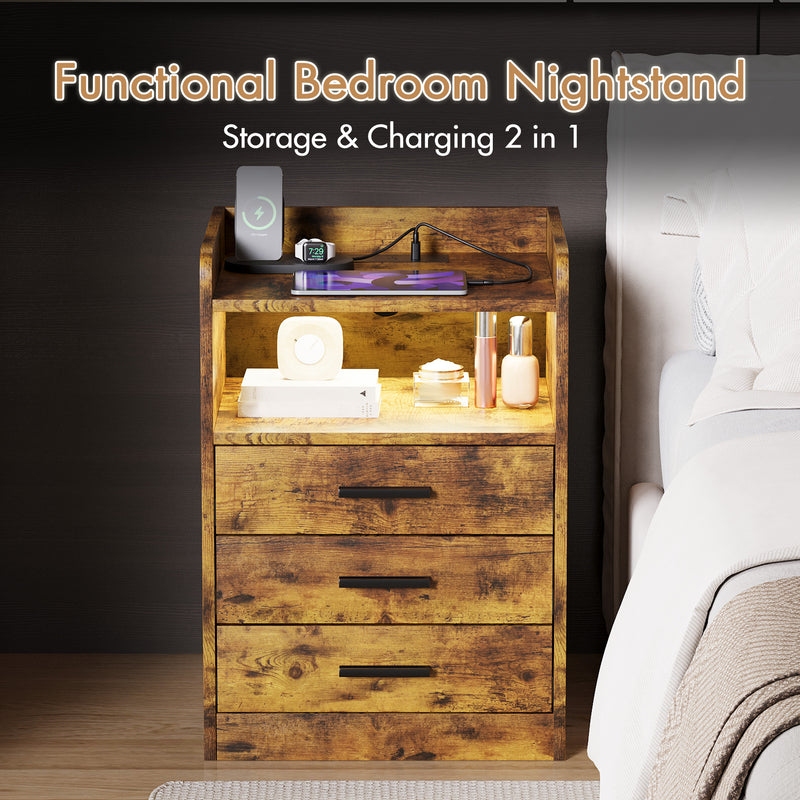 Advwin Bedside Table with Charging Station 3 Drawers