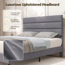 Advwin Velvet Upholstered Bed Frame w/ Wooden Slats Grey