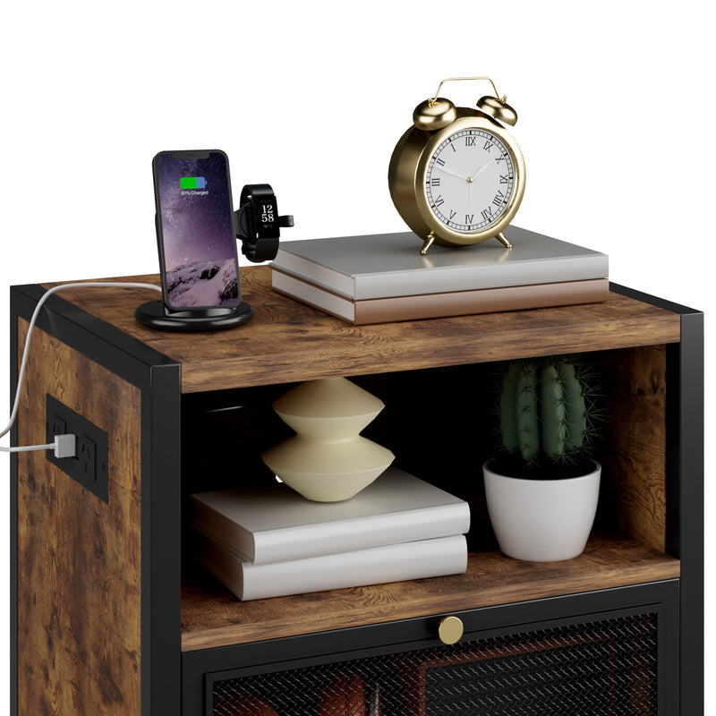 Advwin Bedside Table w/ Metal Mesh Drawer