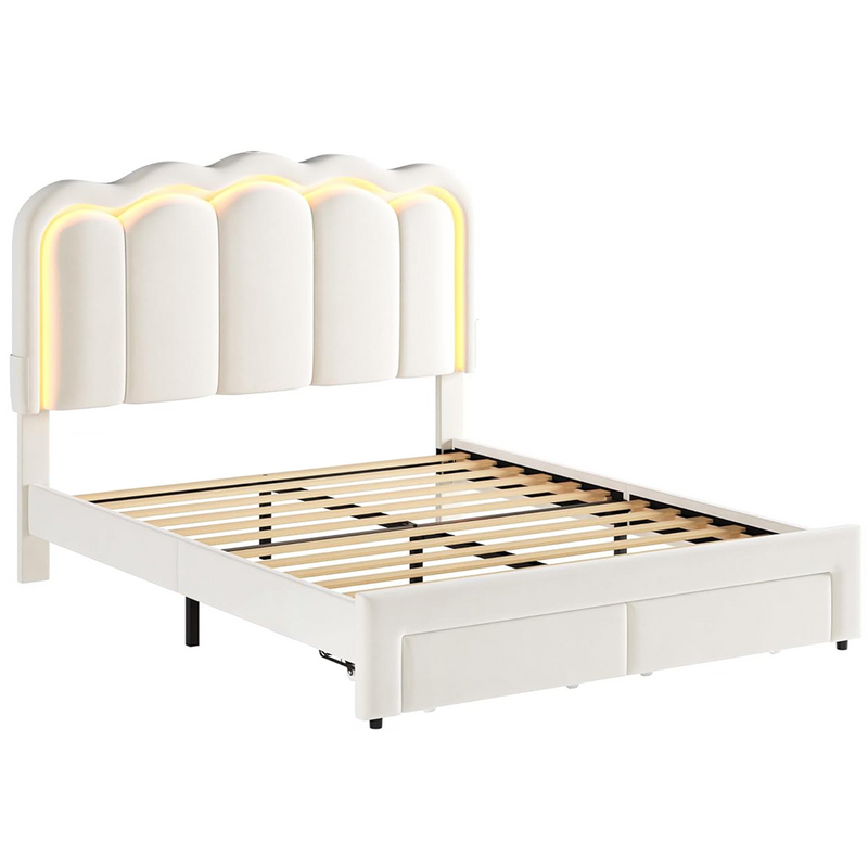 Advwin LED Bed Frame with Adjustable Headboard Beige