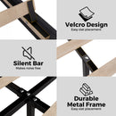 Collage of furniture components with Velcro Design, Silent Bar, and Durable Metal Frame logos on a white background.