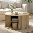 Advwin 80cm Round Coffee Table with Sliding Door & Storage