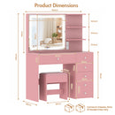 Advwin LED Light Vanity Set with Stool Glass Top Pink