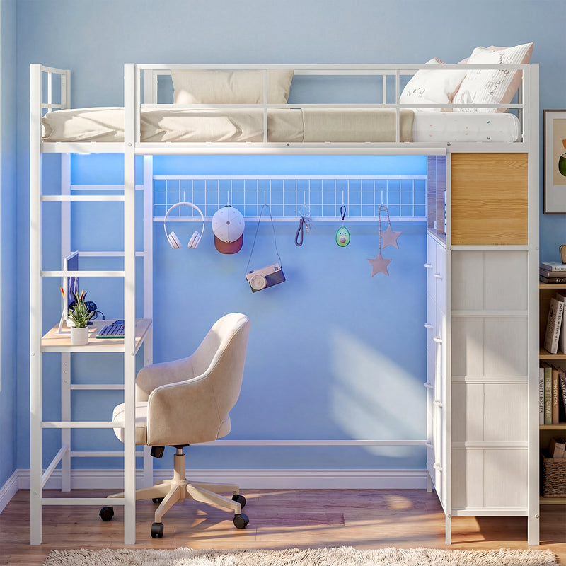 Advwin Metal Loft Bed Frame with Desk & Charging Station