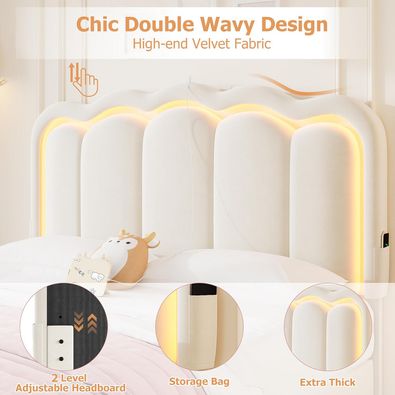 Advwin LED Bed Frame with Adjustable Headboard Beige