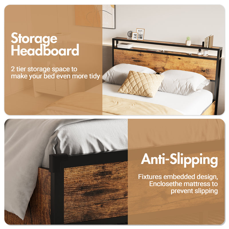 Advwin Bed Frame with 4 Storage Drawers & Charging Station