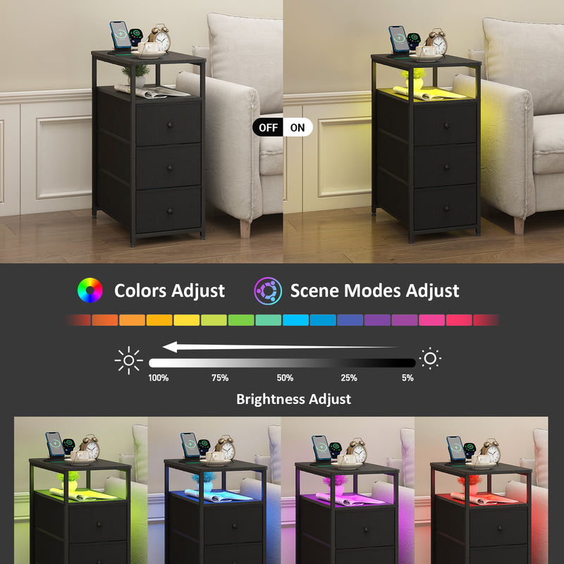 Advwin LED Narrow Bedside Table with Charging Station