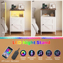 Advwin Farmhouse Bedside Table w/ Charging Station & LED