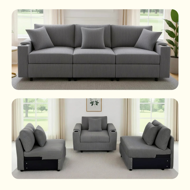 Advwin Corduroy Modular Sofa with Storage 256cm