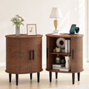 Advwin Oval Side Table w/ Fluted Sliding Doors &  Storage