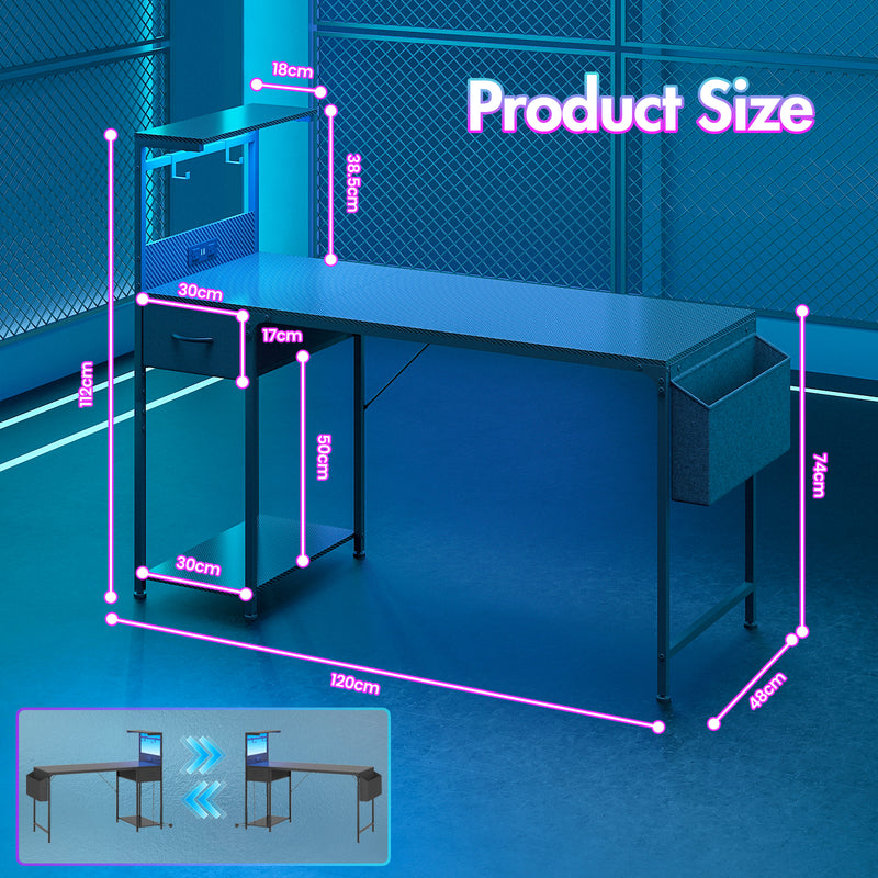 Advwin Gaming Desk with LED Lights & Storage Shelf