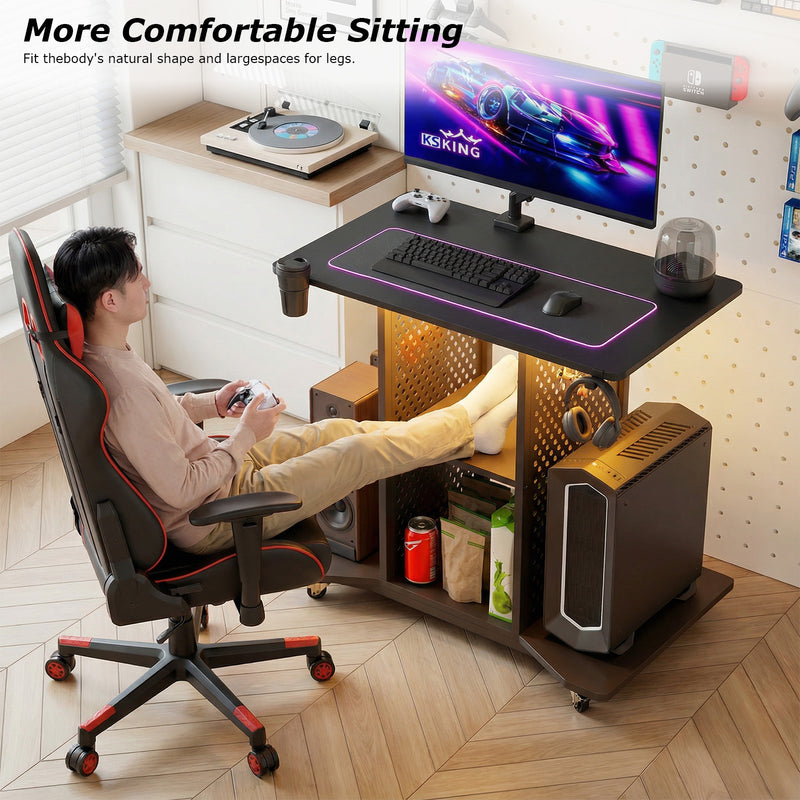 Advwin 80cm LED Gaming Desk with Wheels & Power