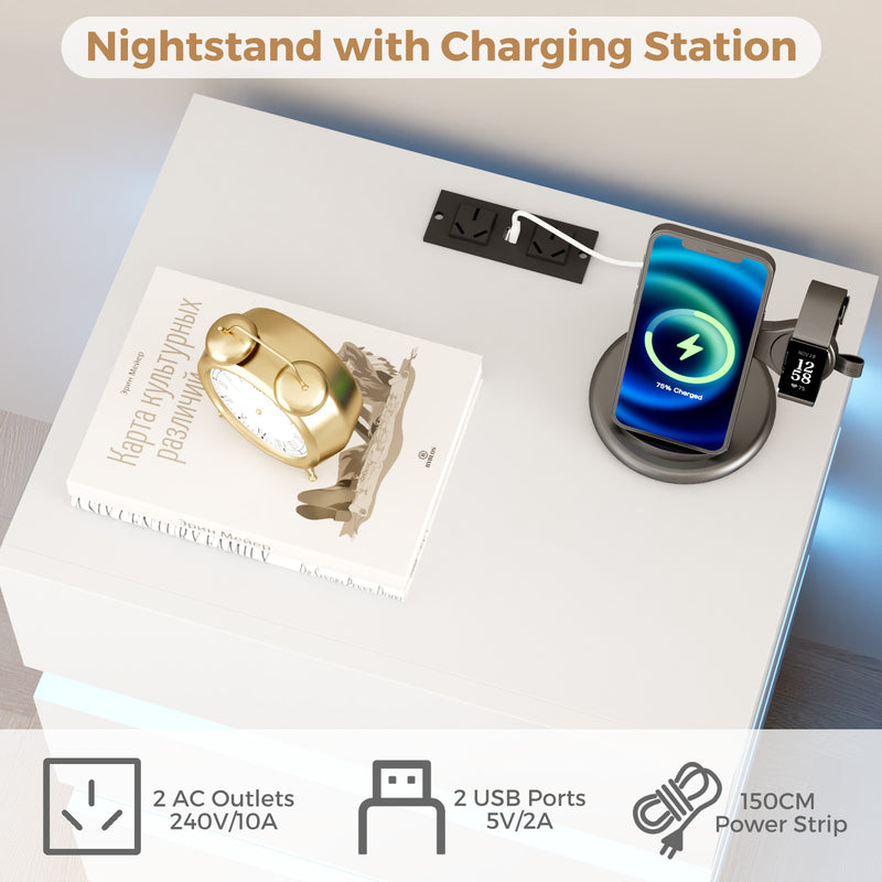 Advwin Bedside Table 3 Drawers With with Charging Station
