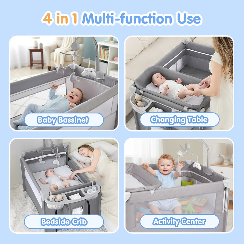 Advwin 4 in 1 Foldable Baby Portacot with Bassinet Grey