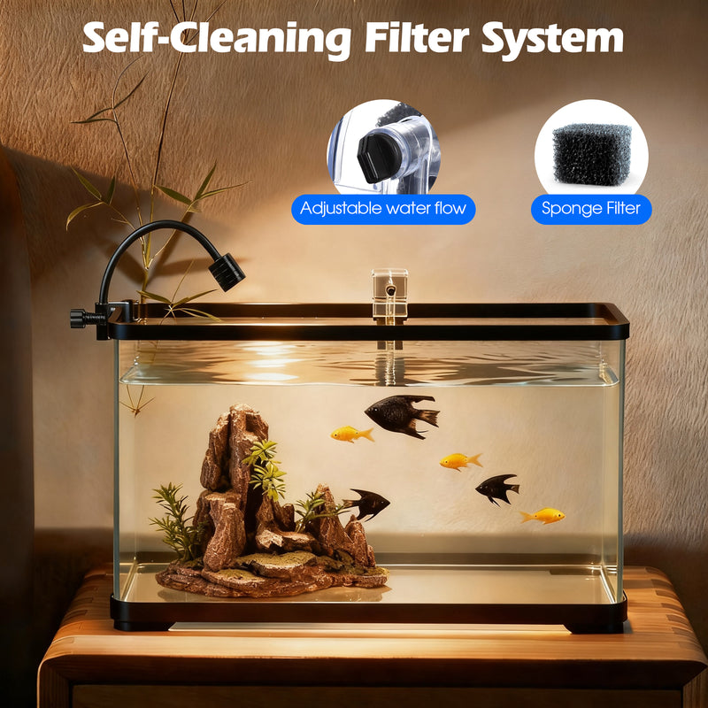 Advwin Fish Tank 50L with Artificial Hill 3-Color Lighting