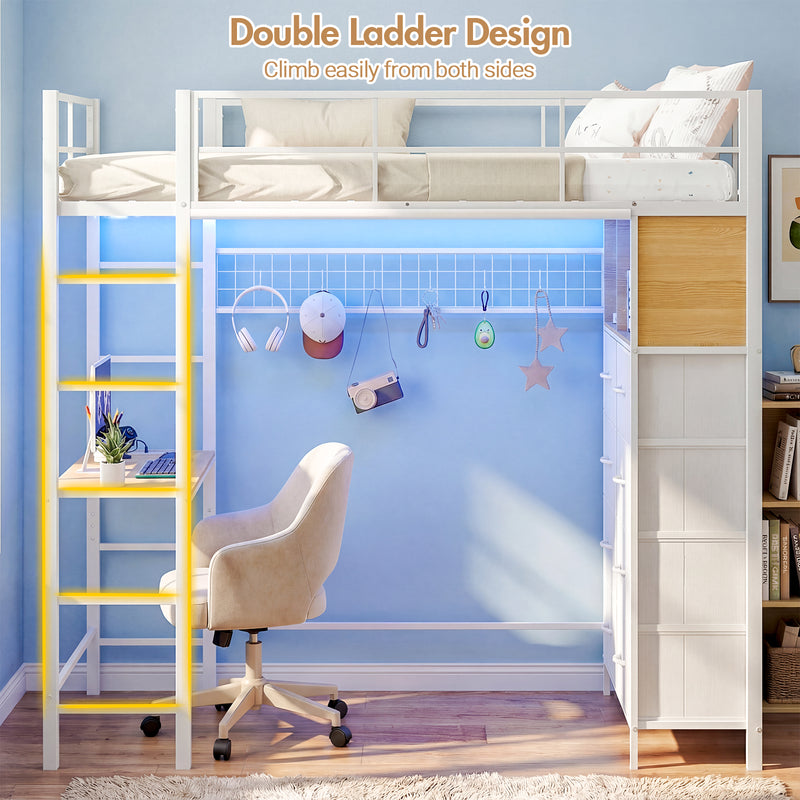 Advwin Metal Loft Bed Frame with Desk & Charging Station