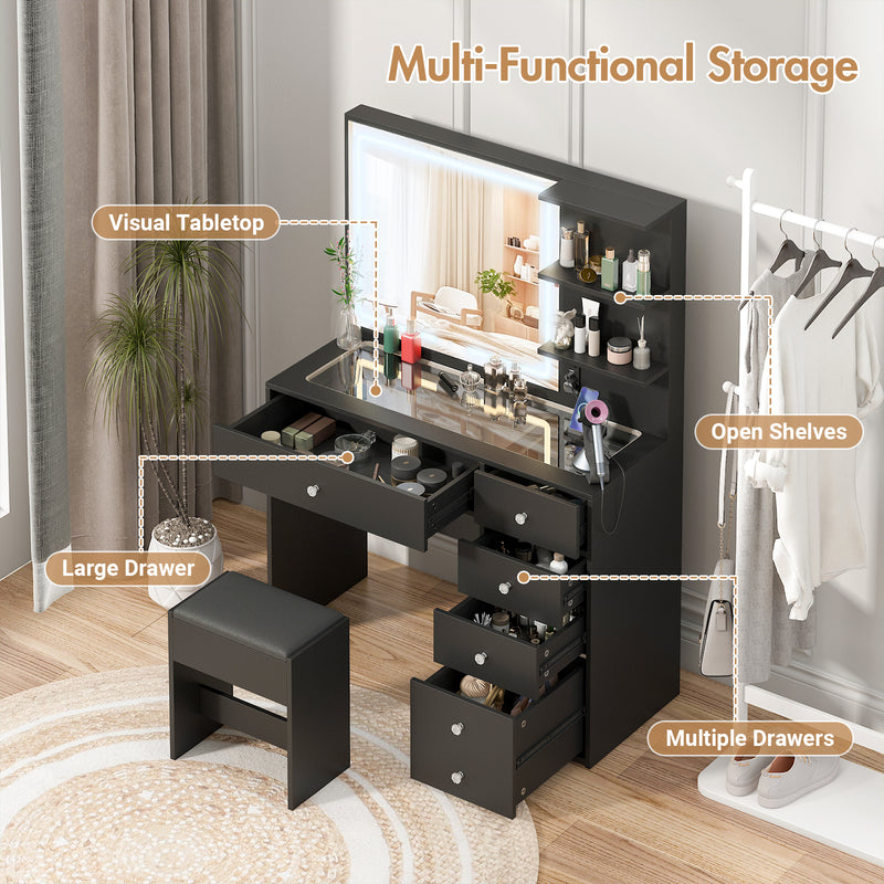 Advwin Dressing Table Stool Set Glass Tabletop Black