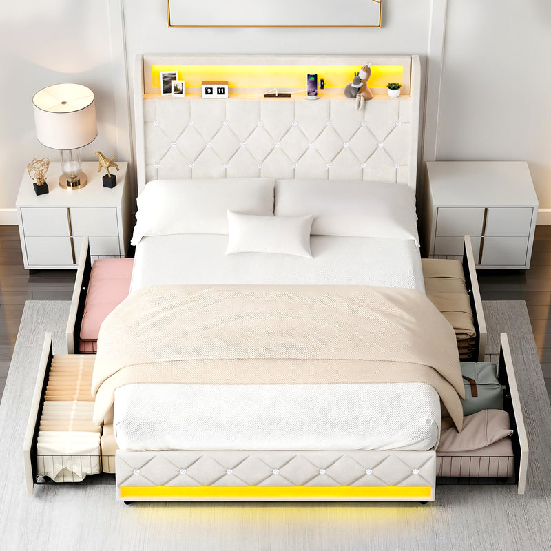 Advwin Bed Frame with Velvet Upholstered Headboard