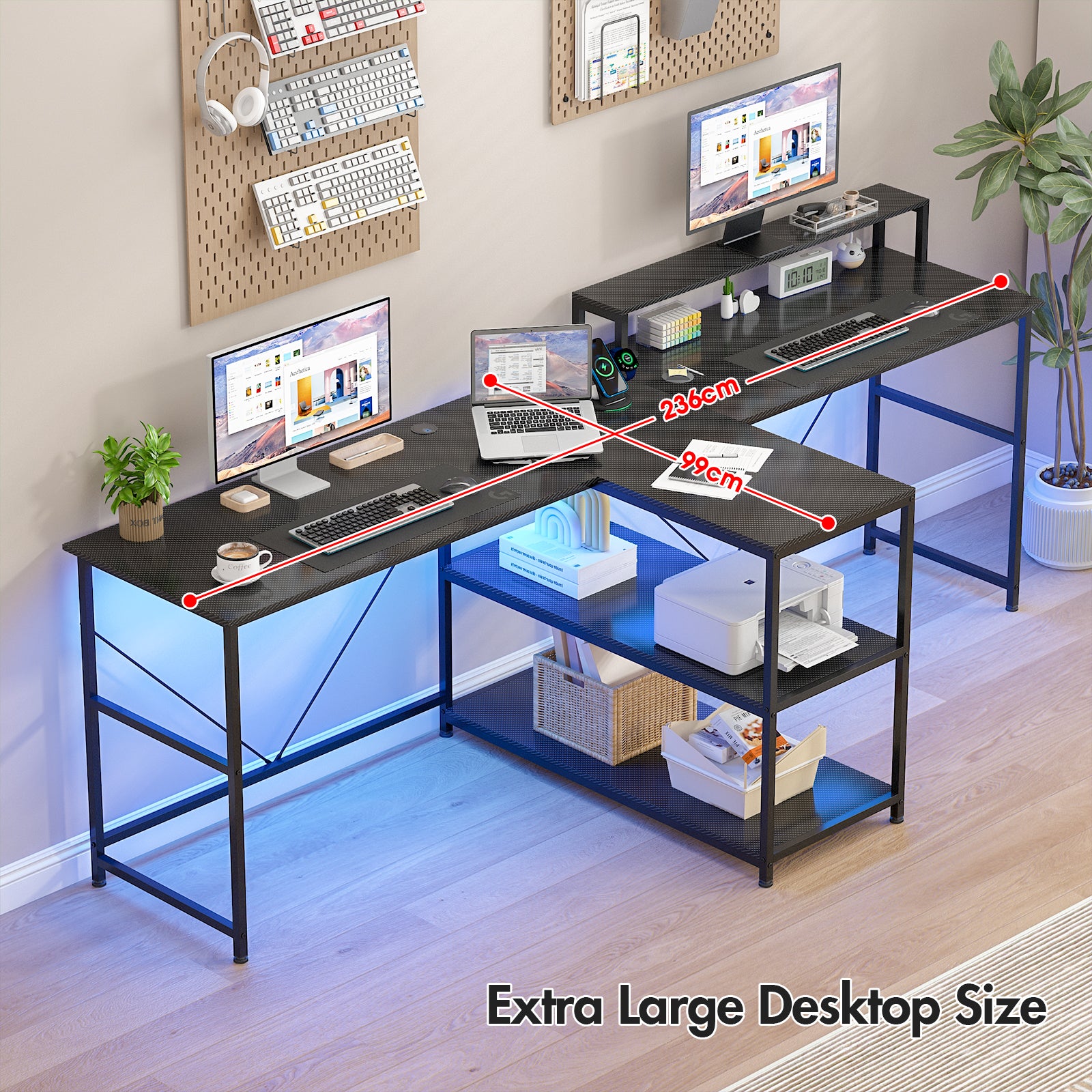 Power Rack Computer Desk Advwin 236cm 2 Person LED Computer Desks w/ Power Outlets