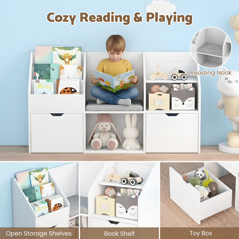 Advwin 4-in-1 Kids Bookcase with Reading Nook Standing Toys