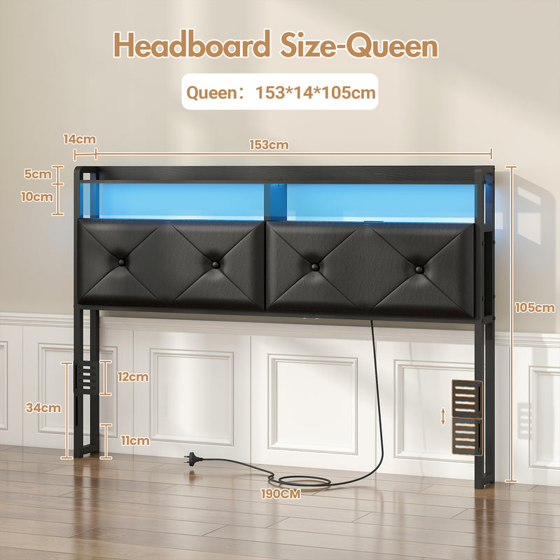 Advwin Headboard with LED Light Charging Station Black