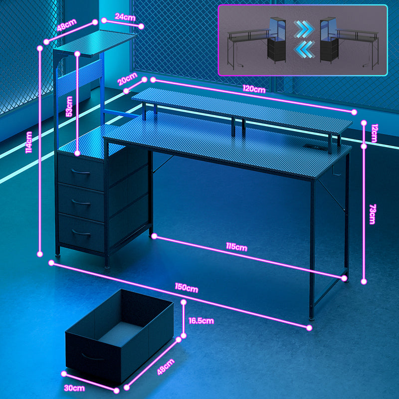 Advwin 150cm Gaming Desk with LED Lights & Storage Shelf