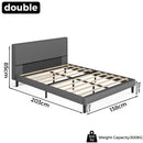 Gray bed frame with dimensions and weight capacity on a white background