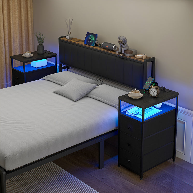 Advwin LED Narrow Bedside Table with Charging Station