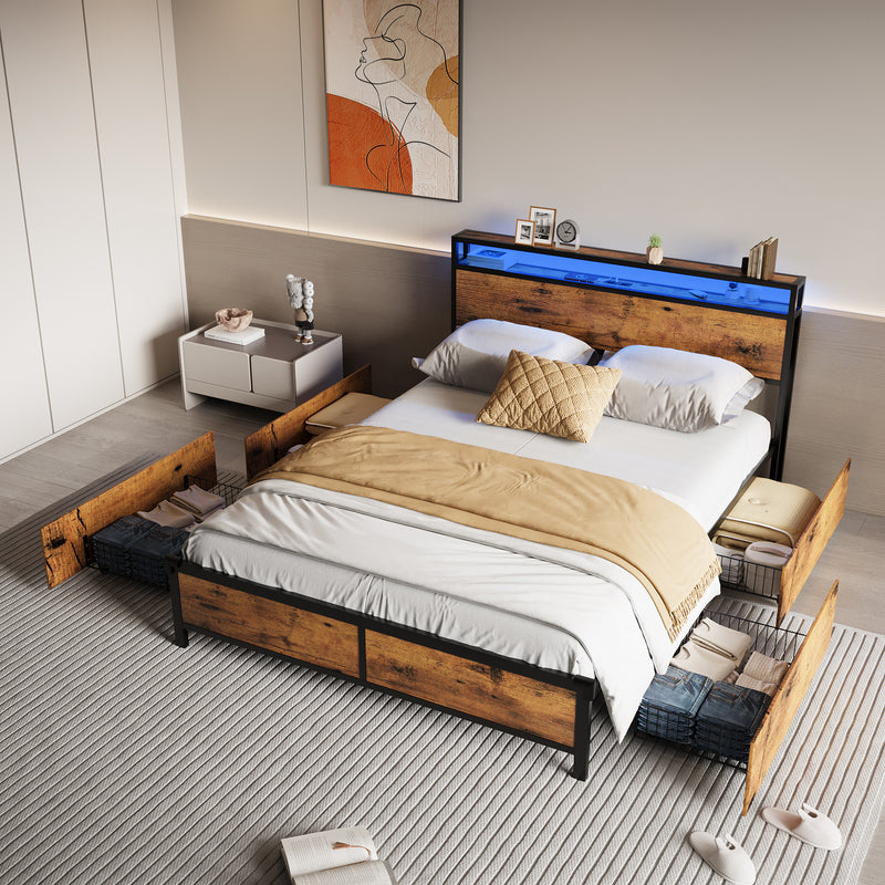 Advwin Bed Frame with 4 Storage Drawers & Charging Station