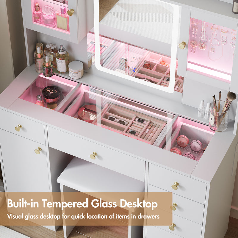 Advwin Dressing Table Set w/ Glass Desktop LED Light