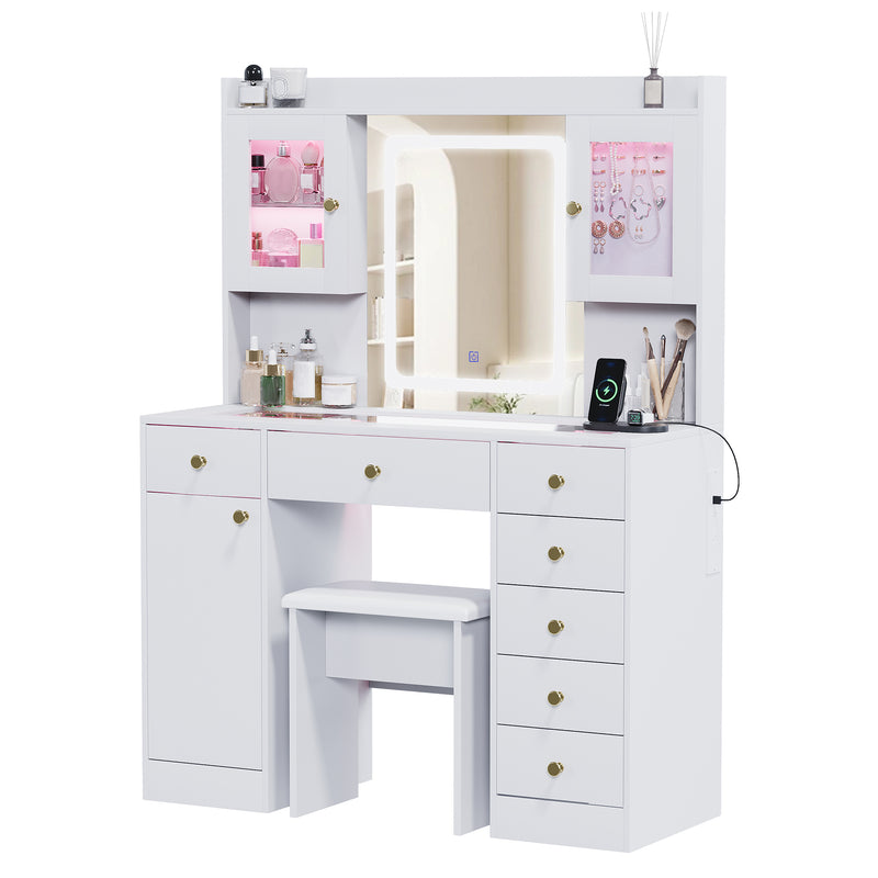 Advwin Dressing Table Set w/ Glass Desktop LED Light