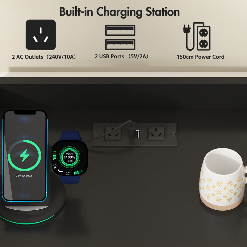 Advwin Bedside Table with Charging Station & LED Light