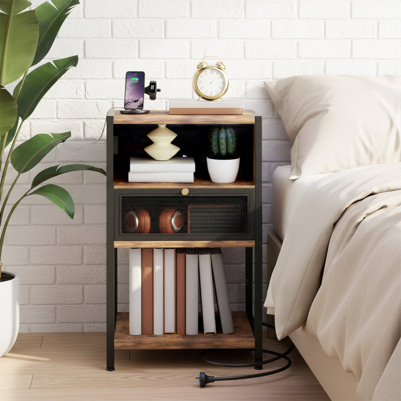 Advwin Bedside Table w/ Metal Mesh Drawer