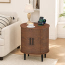 Advwin Oval Side Table w/ Fluted Sliding Doors &  Storage