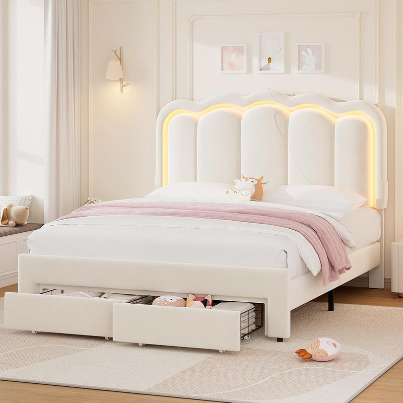 Advwin LED Bed Frame with Adjustable Headboard Beige