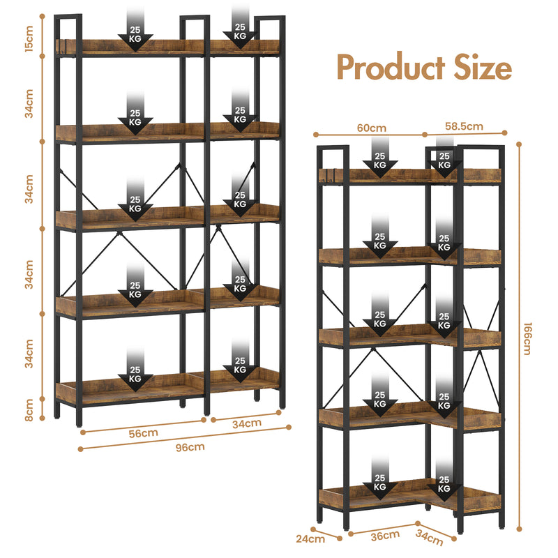Advwin 5-Tier Corner Bookshelf Convertible L Shaped Bookcase