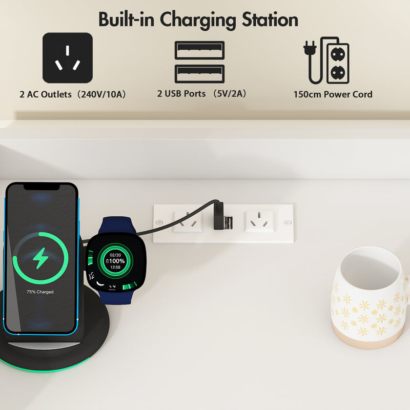 Advwin Bedside Table with Charging Station & LED Light
