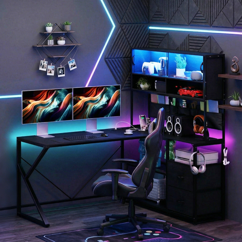 Advwin L Shaped Gaming Desk with LED Lights 130cm