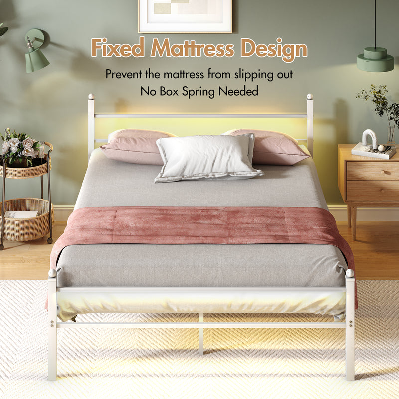 Advwin Metal Platform Bed Frame w/ Headboard White