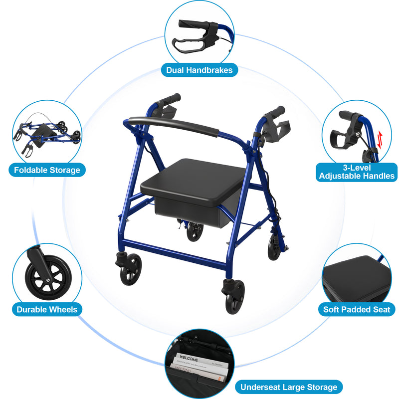 Advwin 4 Wheels Rollator Walker with Dual Brake System