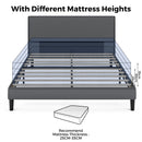 Bed frame with adjustable legs and mattress thickness recommendation on a white background