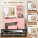 Advwin LED Light Vanity Set with Stool Glass Top Pink