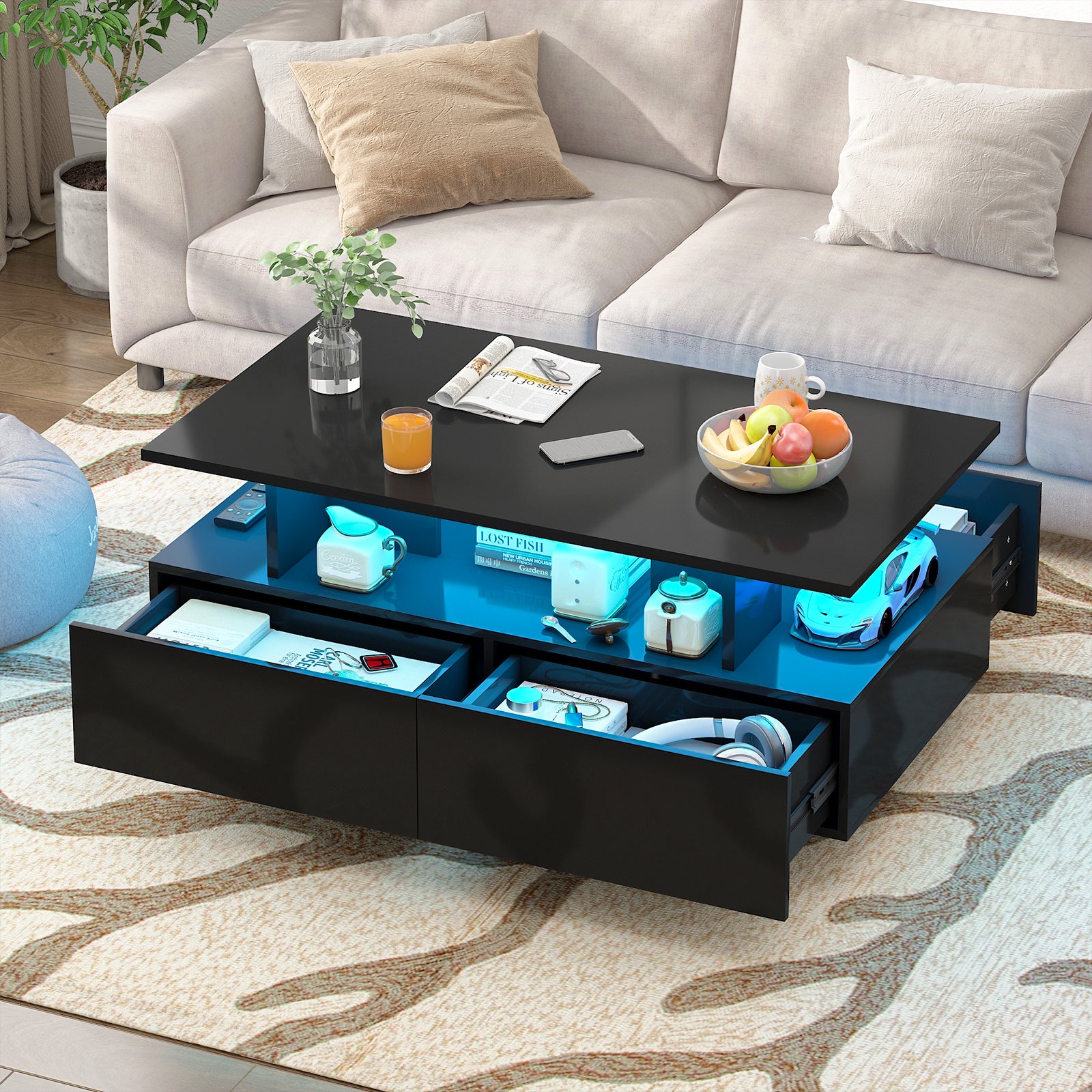 Advwin LED Coffee Table with 4 Storage Drawers