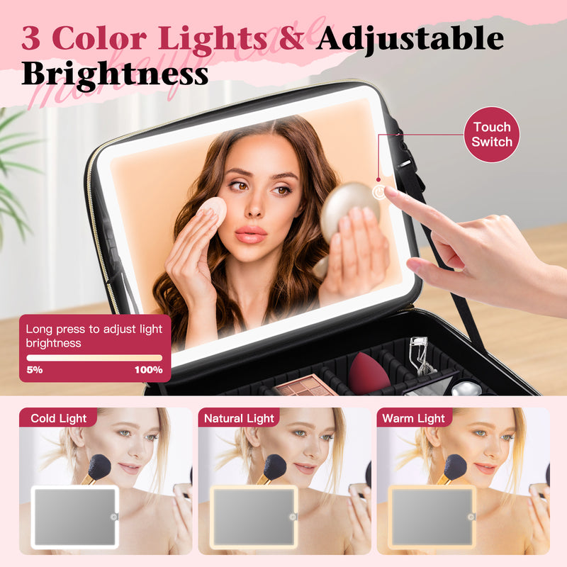 Advwin Travel Makeup Bag with LED Mirror & USB Charging