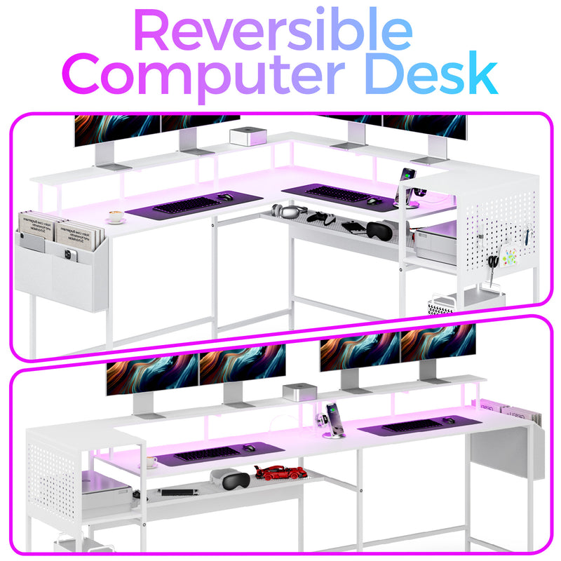 Advwin 150cm L Shaped Computer Desk w/ LED Lights