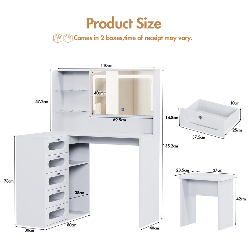 Advwin Corner Dressing Table with LED Mirror and Drawers