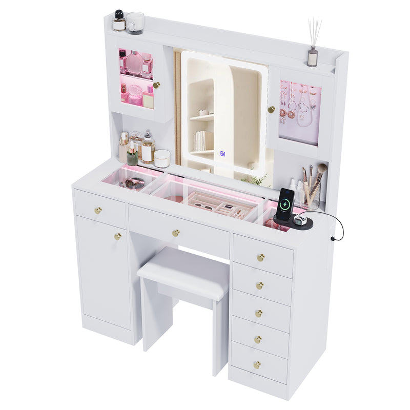 Advwin Dressing Table Set w/ Glass Desktop LED Light
